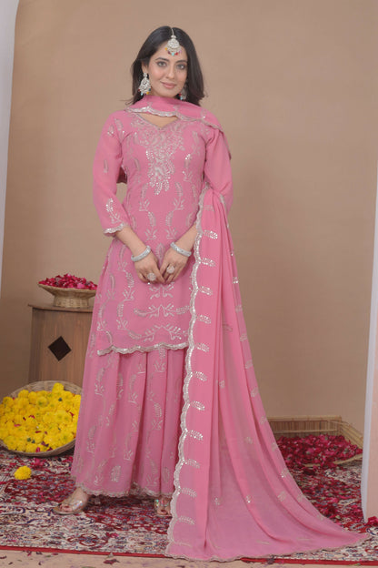 The52 Women's Gorgeous Embroidery Work Fox Georgette Fabric Straight Kurta Sharara and Dupatta Set-Pink