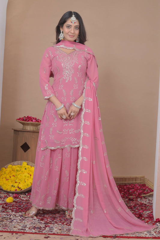 The52 Women's Gorgeous Embroidery Work Fox Georgette Fabric Straight Kurta Sharara and Dupatta Set-Pink