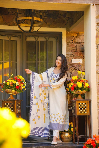 The52 Women's Gorgeous Printed Work Muslin Fabric Straight Kurta Pant and Dupatta Set