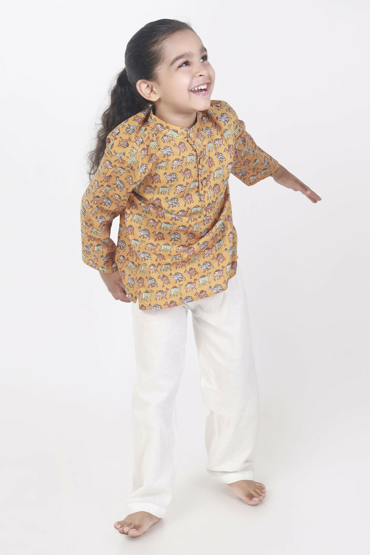 Breathables Kids Cotton Night Suit  Yellow Camel Print Kurta & Pyjama Co-Ord Set For Boys & Girls
