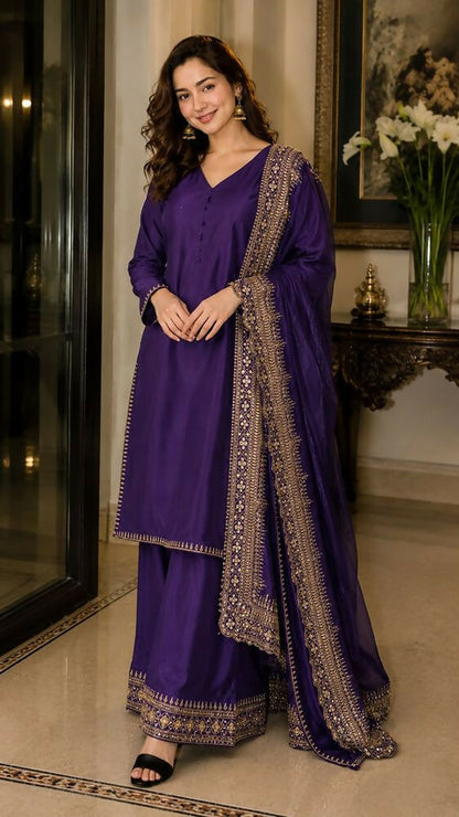 Teeya Creation New Latest Stylish Classic Jambli Festive Kurta Set with Gold Zari Border Palazzo and Dupatta