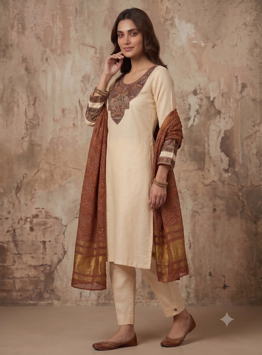 Teeya Creation Women Cream Embroidered Straight Kurta With Rust Bandhani Dupatta And Pant Set