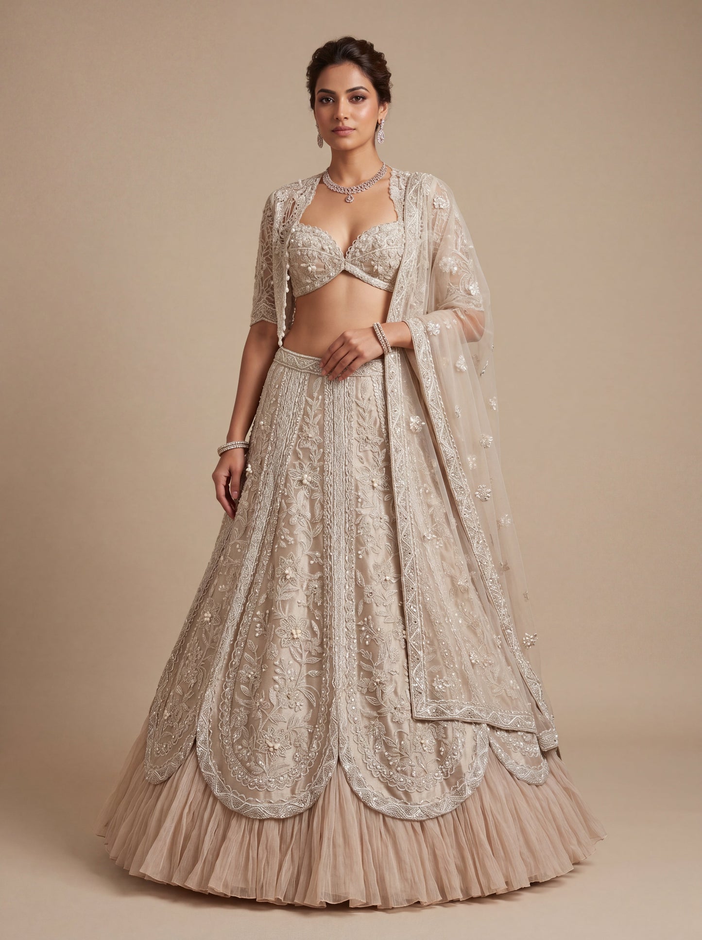 Oyster Contemporary Bridal Lehenga With Delicate Embroidery Flare