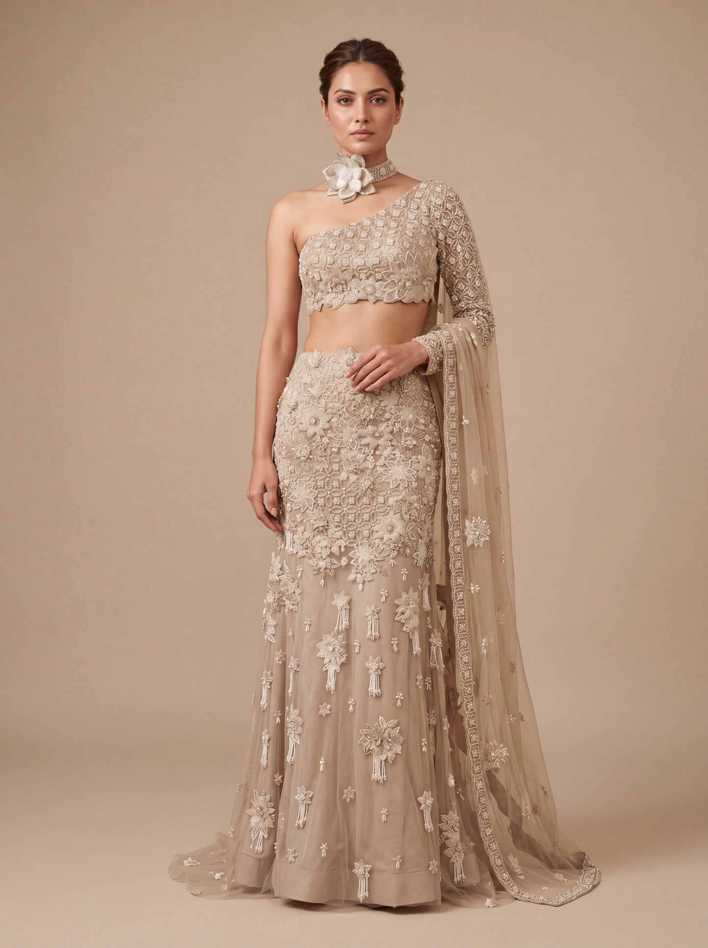 Oyster Contemporary Bridal Lehenga With Sheer Embroidery Soft Flare