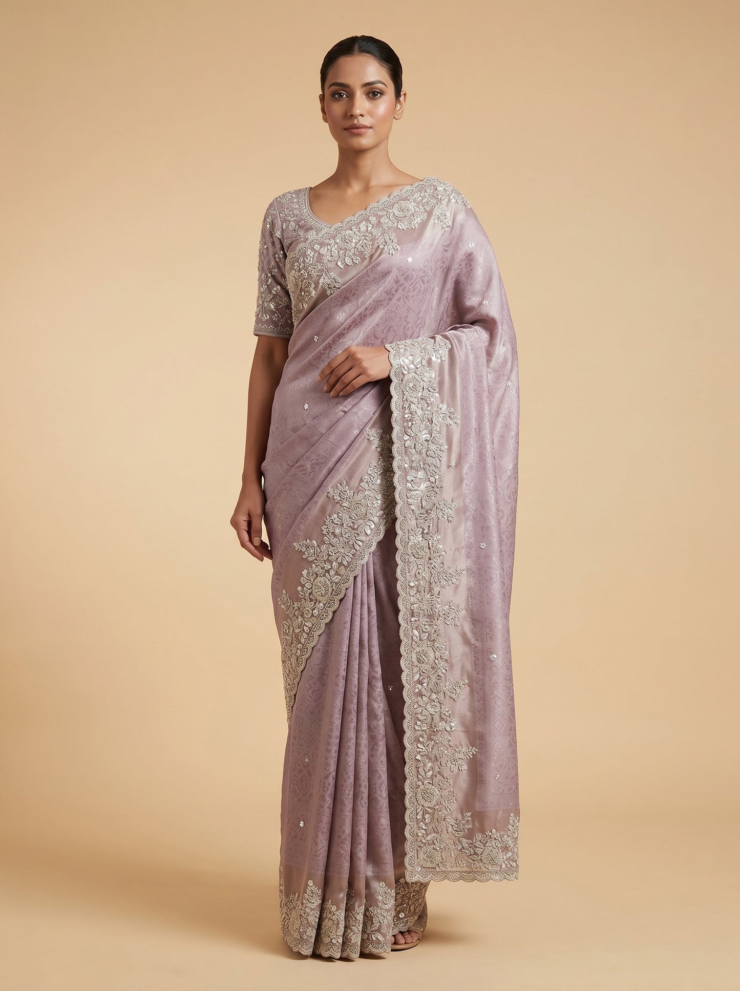 Oyster White Embroidered Saree