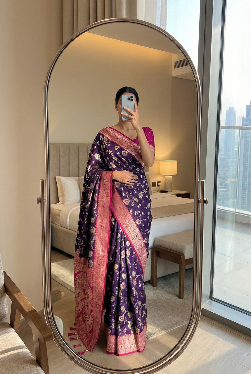 Mameraa Sarees Purple Soft Silk Blend Saree With Zari Weaving Meenakari Design-Purple