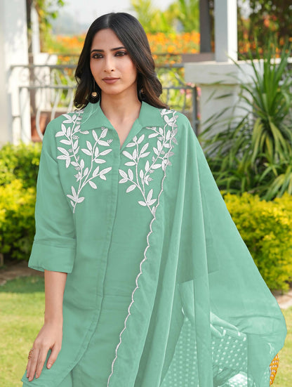 Nikhaar Light Green Embroidered Viscose Georgette Stitched Straight Cut Kurta Culottes Dupatta Readymade Suit
