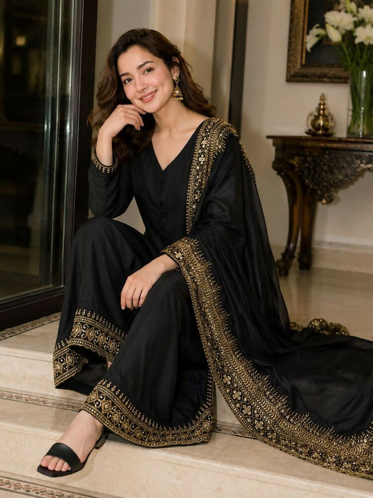 Teeya Creation New Latest Stylish Classic Black Festive Kurta Set with Gold Zari Border Palazzo and Dupatta