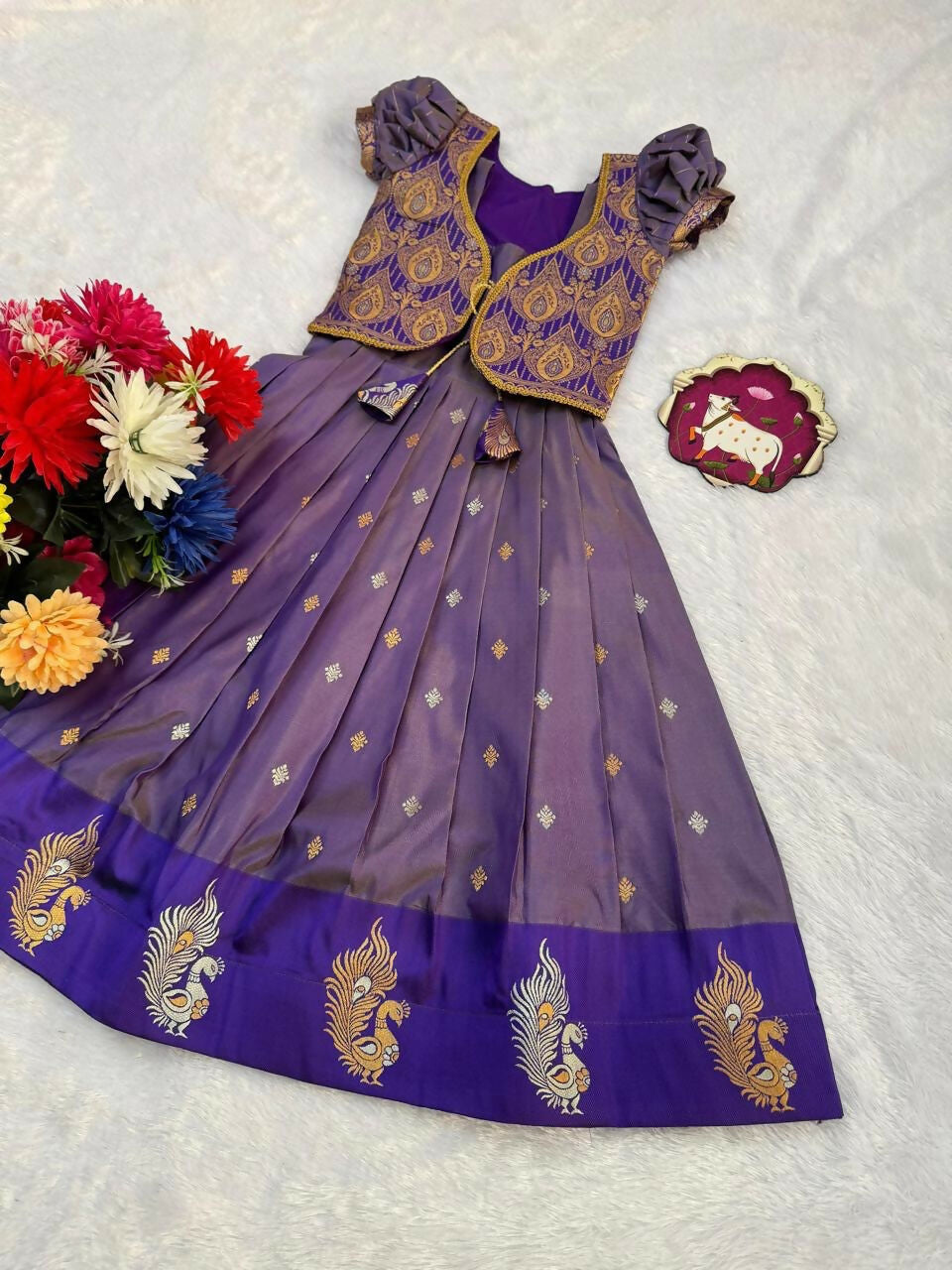 Teeya Creation New Latest Girls Purple Silk Pattu Pavadai Lehenga Choli Set With Brocade Koti-Purple
