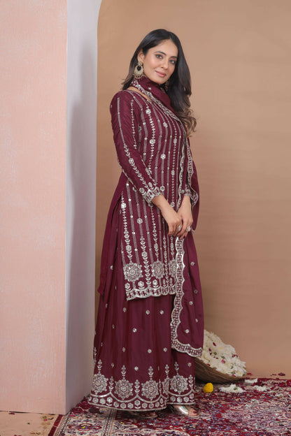 The52 Women's Gorgeous Embroidery Work Natural Crep Fabric Straight Kurta Sharara and Dupatta Set