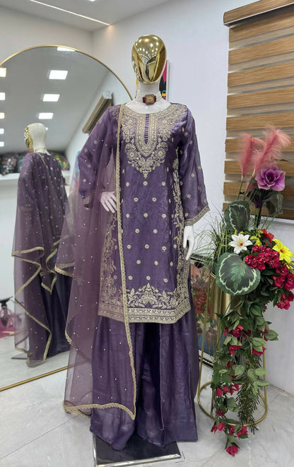 Teeya Creation New Trendy Womens Wedding Wear Kurta Palazzo Set - Lavender