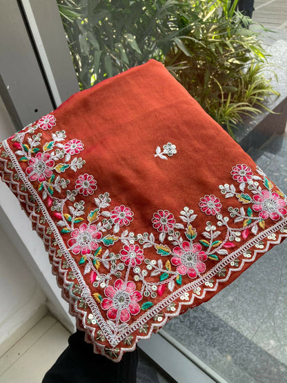 Teeya Creation New Trendy Wedding Special Party Wear Soft Nxc Moss Chiffon Saree-Orange