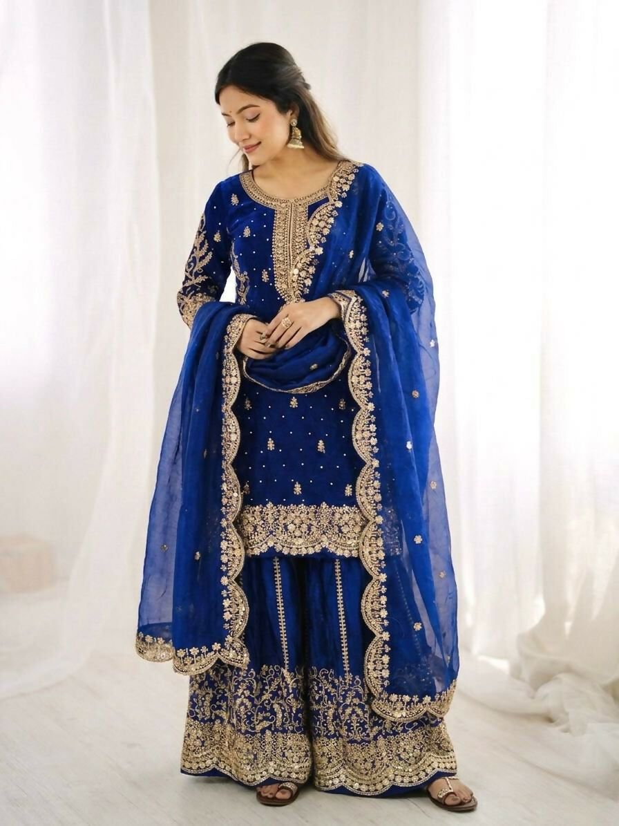 Teeya Creation Womens New Trendy Embroidery Coding And Sequence Work Royal Blue Kurta Set
