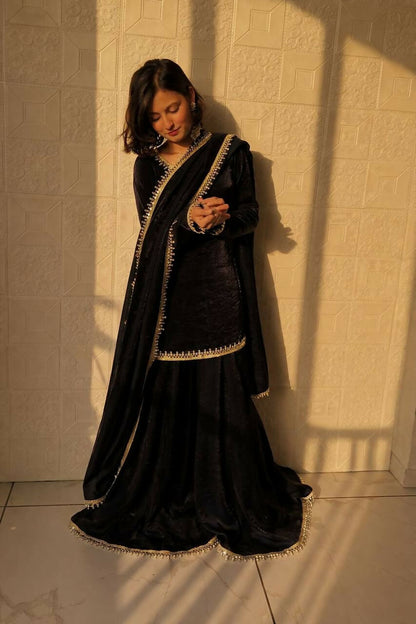 Teeya Creation Womens New Trending Less and Mirror Work Kurta Palazzo Set - Black