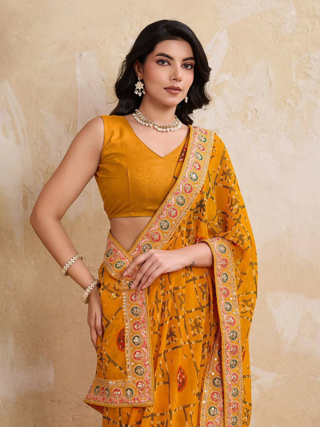 Teeya Creation Womens Stylish Simply Wedding Wear Georgette Saree-Yellow