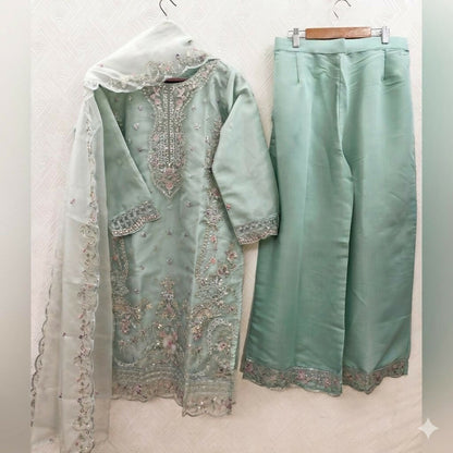 Teeya Creation Womens New Trendy Silk With Heavy Embroiedery With Sequence Work Sky-Blue Kurta Set