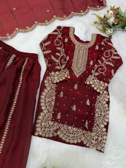Teeya Creation New Trendy Fully Stitched Ready to Wear Kids Kurta Palazzo Set-Maroon