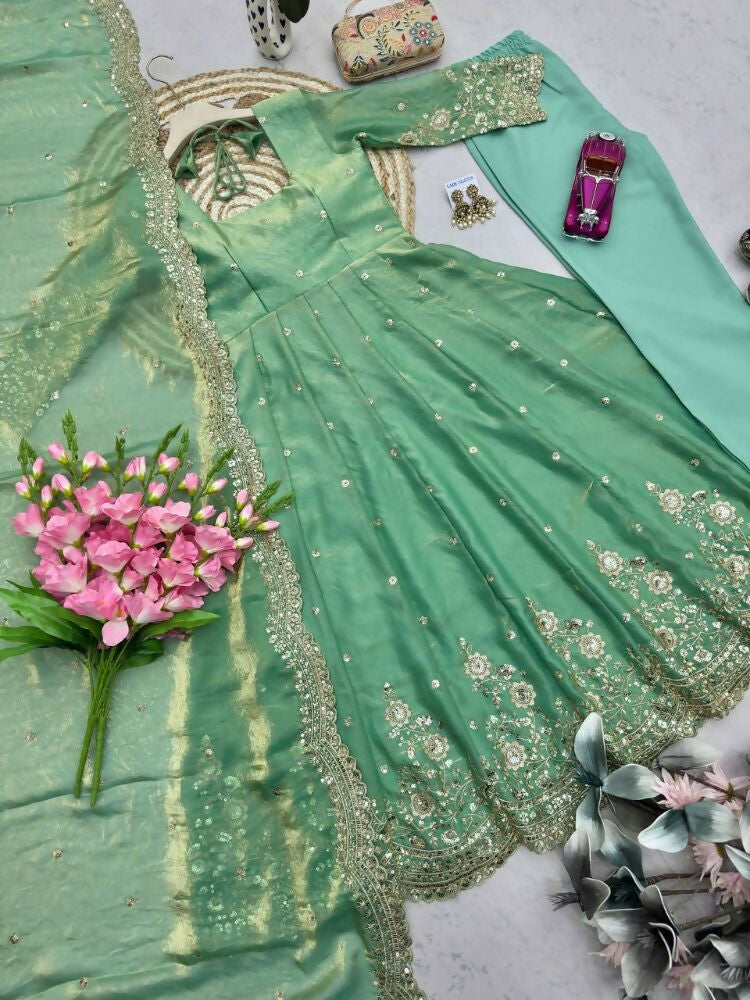 Teeya Creation Womens New Latest Trendy Elegant Pista Embroidered Anarkali Suit Set with Scalloped Dupatta