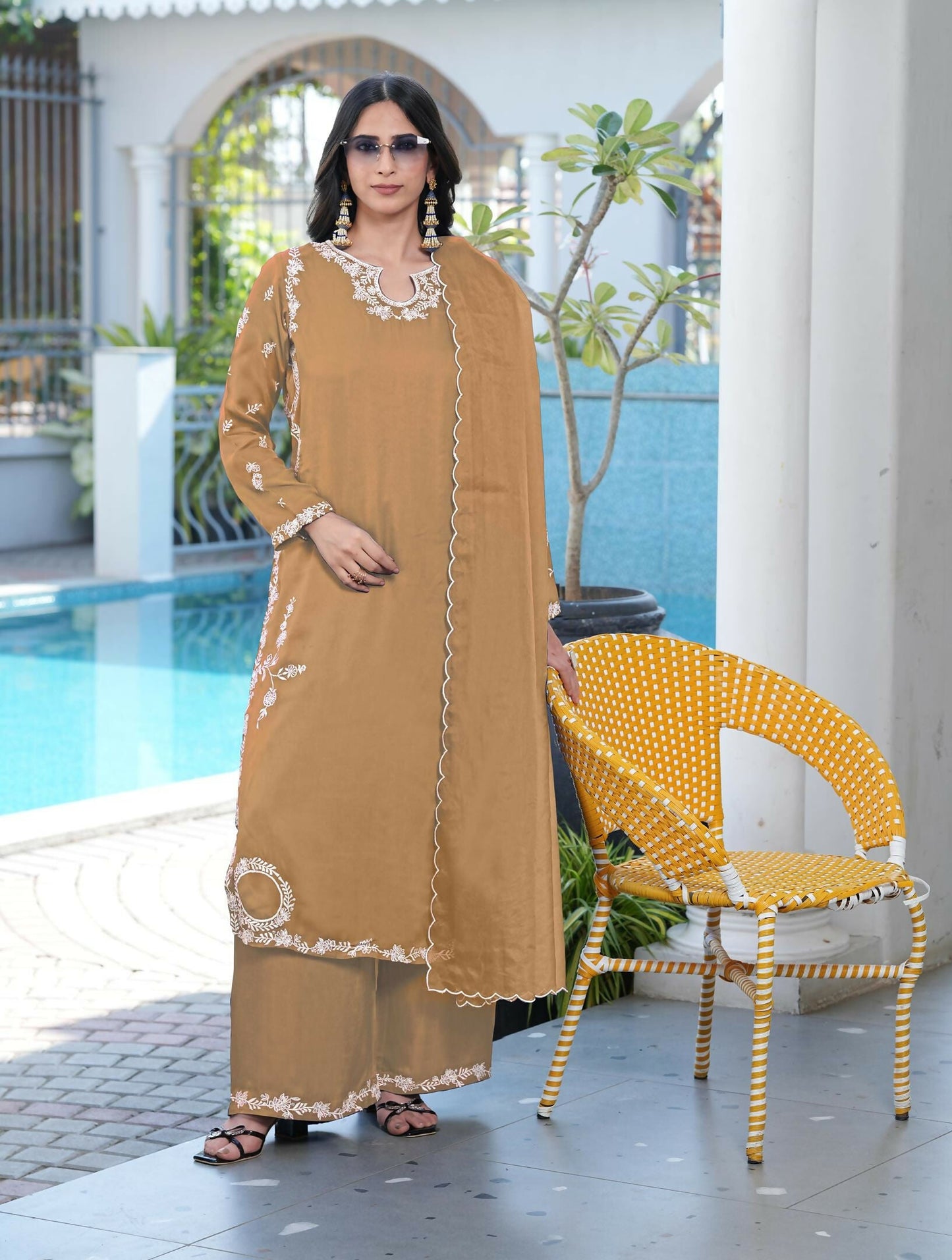 Nikhaar Light Brown Embroidered Modal Silk Stitched Straight Cut Kurta Culottes Dupatta Readymade Suit