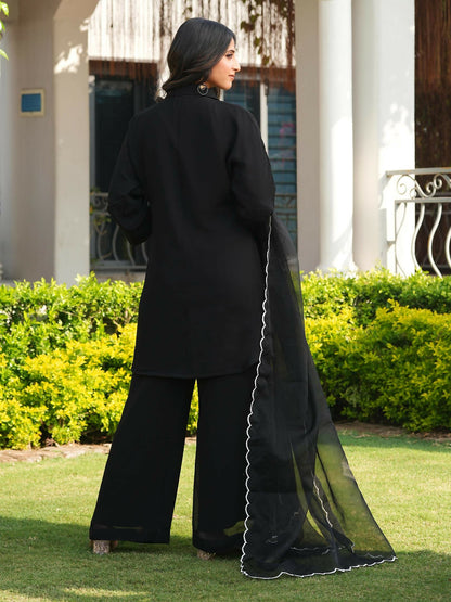 Nikhaar Black Embroidered Viscose Georgette Stitched Straight Cut Kurta Culottes Dupatta Readymade Suit