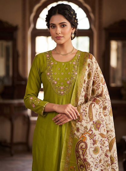 Teeya Creation Women Olive Green Embroidered Kurta Pant Set With Dupatta