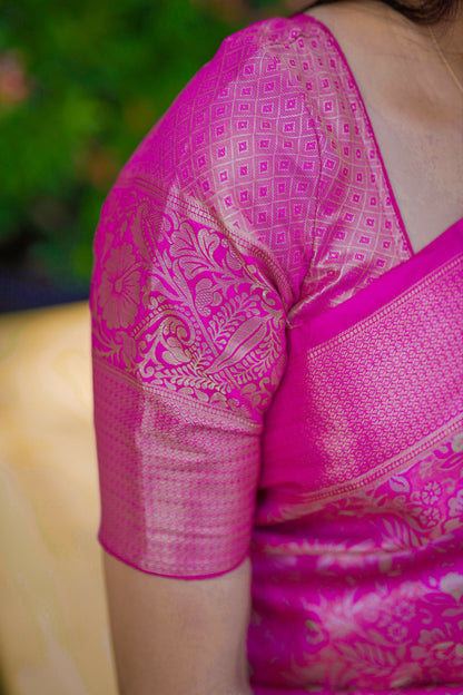 Prime Volt Bridal Kanchipuram Silk Saree with Rich Zari Weaving & Contrast Border-Pink