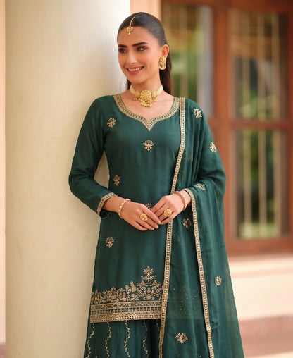 KC Green Ethnic Wear Ready Made Chinon Suit For Women