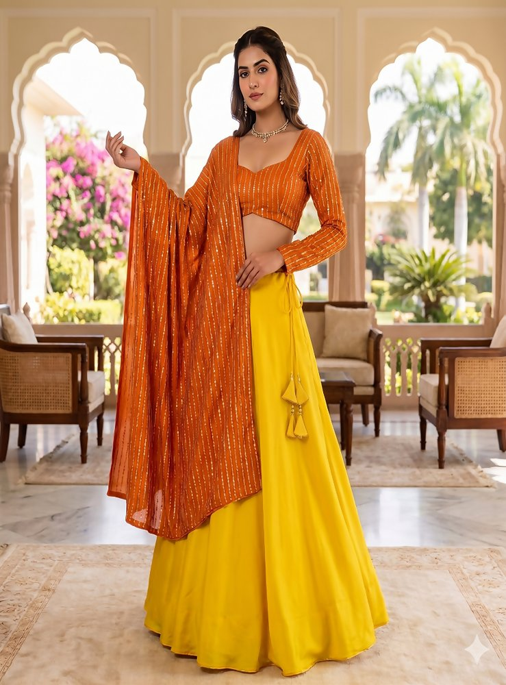 Teeya Creation Women's New Orange Designer Lehenga Choli Set with Sequin Embroidery Work