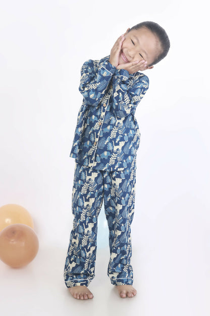 Breathables Kids Cotton Night Suit  Blue Jungle Print Shirt & Pyjama Co-Ord Set For Boys & Girls