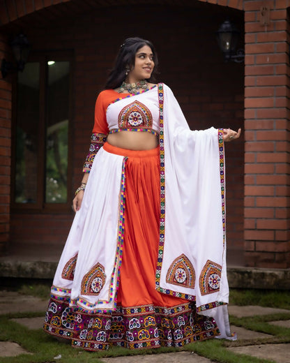 Yash Enterprise Orange White Rayon Cotton Embroidery Semi Stitched Navratri Top Chaniya Choli