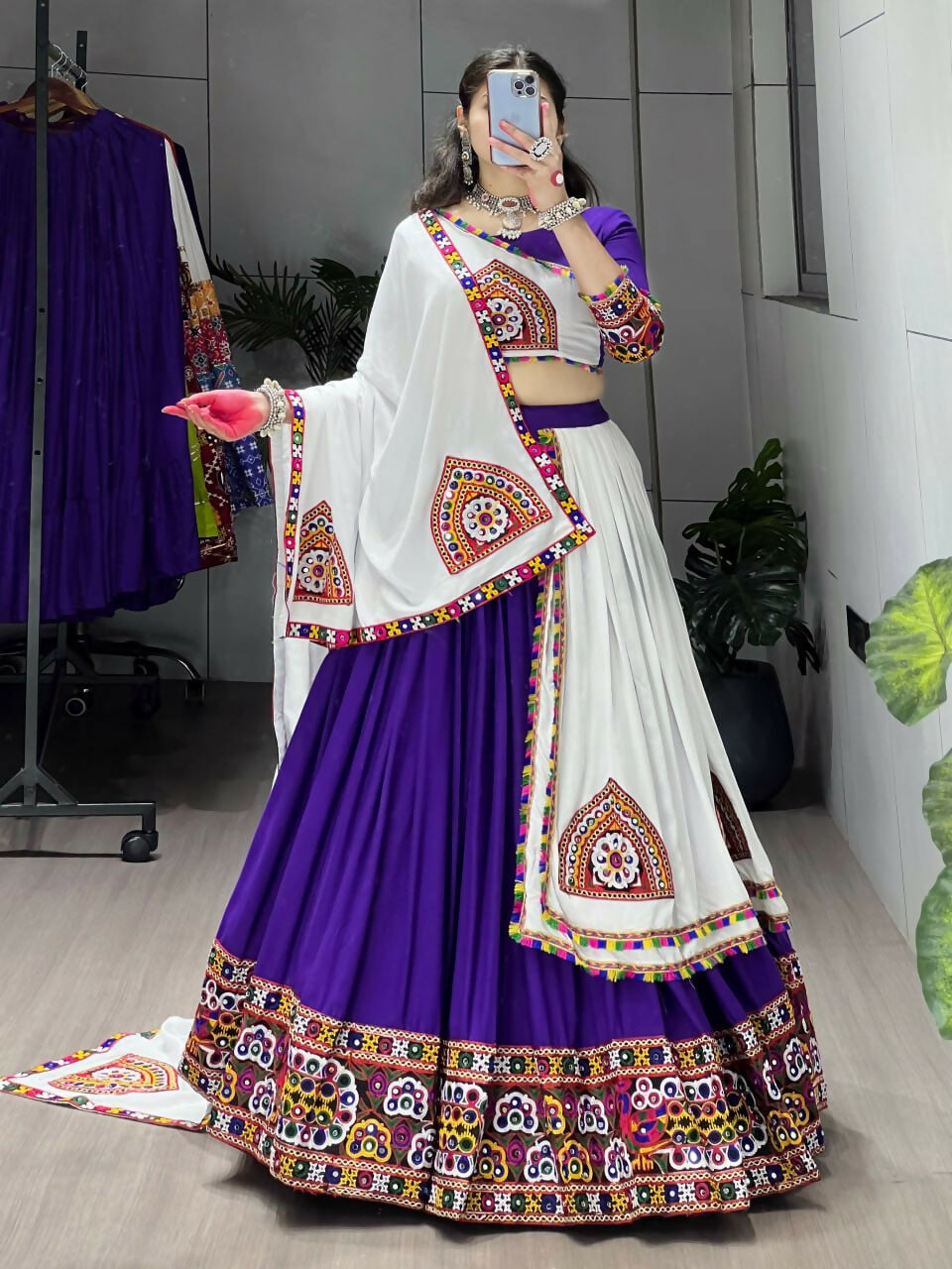 Yash Enterprise Purple White Rayon Cotton Embroidery Semi Stitched Navratri Top Chaniya Choli