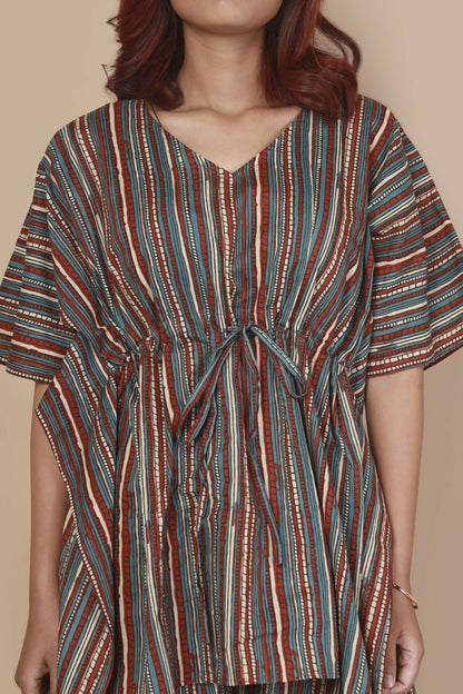 Breathables WomenS Loungewear Kaftan Cotton Aqua Blue Stripes Print Co-Ord Set