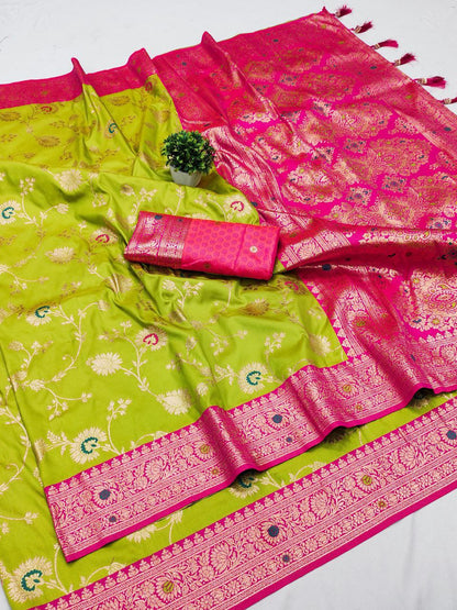 Mameraa Sarees Parrot Green Soft Silk Blend Saree With Zari Weaving Meenakari Design-Parrot_Green