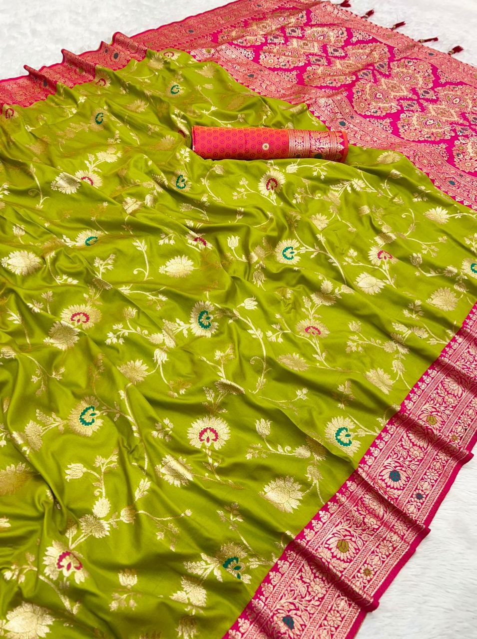 Mameraa Sarees Parrot Green Soft Silk Blend Saree With Zari Weaving Meenakari Design-Parrot_Green