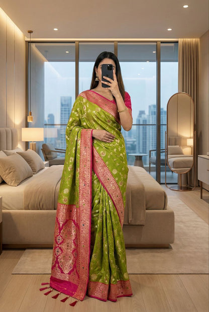 Mameraa Sarees Parrot Green Soft Silk Blend Saree With Zari Weaving Meenakari Design-Parrot_Green
