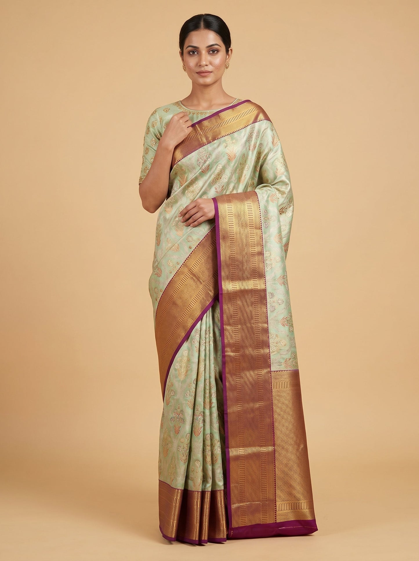 Parrot green handloom saree with zari border