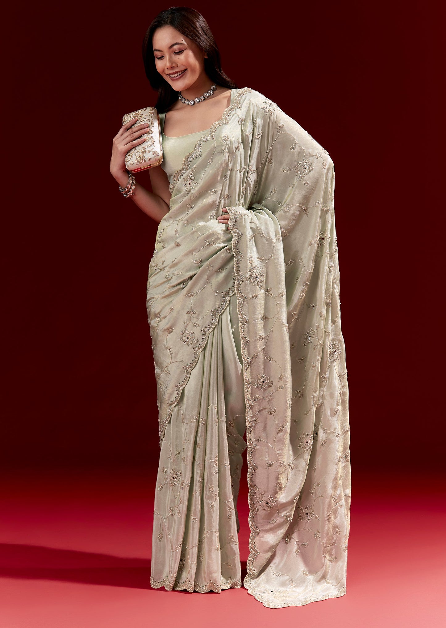 Pastel Green Tissue Saree With Heavy Floral Jaal Embroidery And Zardosi Highlights