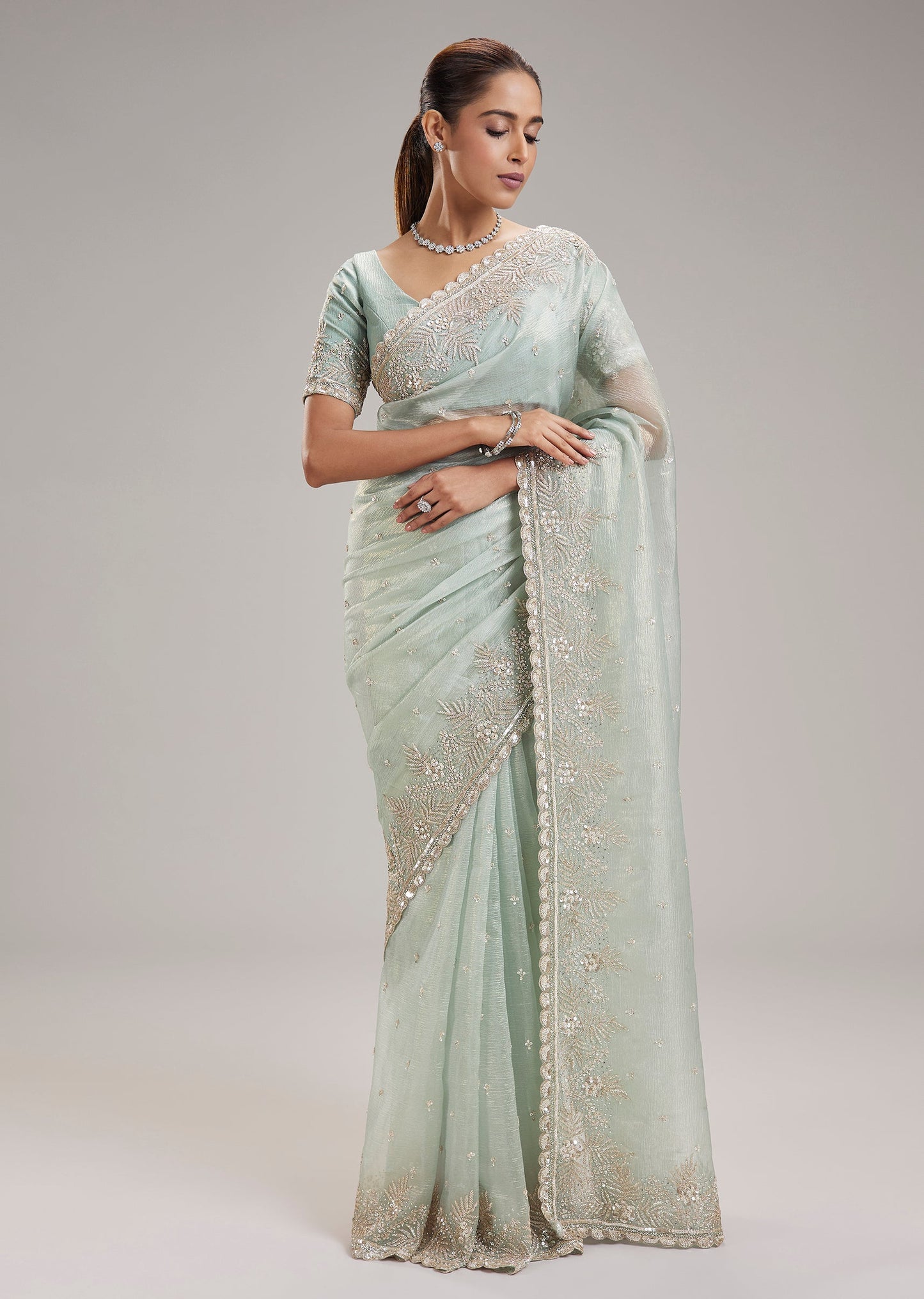 Pastel Green Tissue Saree With Sequins Embroidered Border