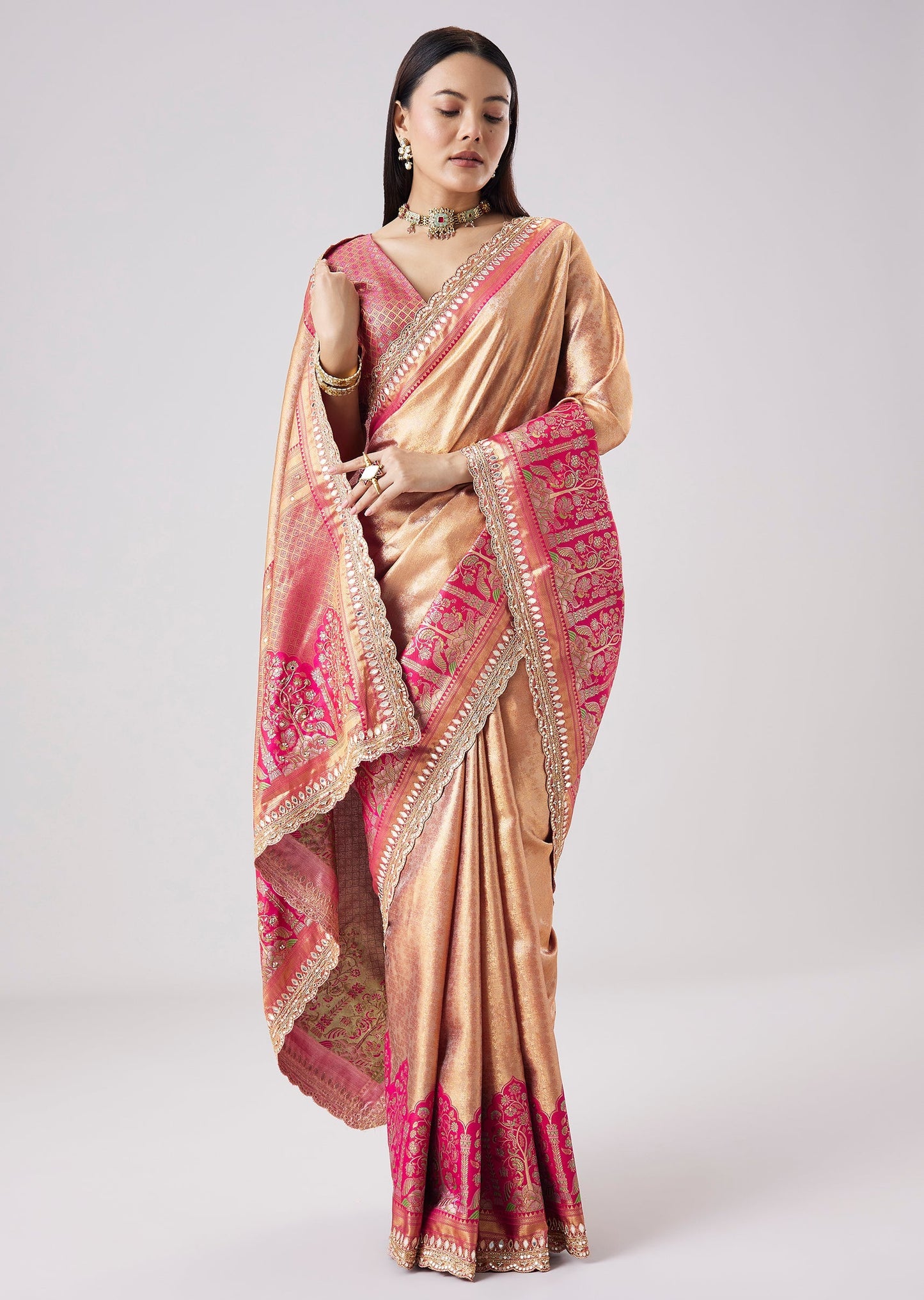 Pastel Pink Embroidered Saree With Unstitched Blouse