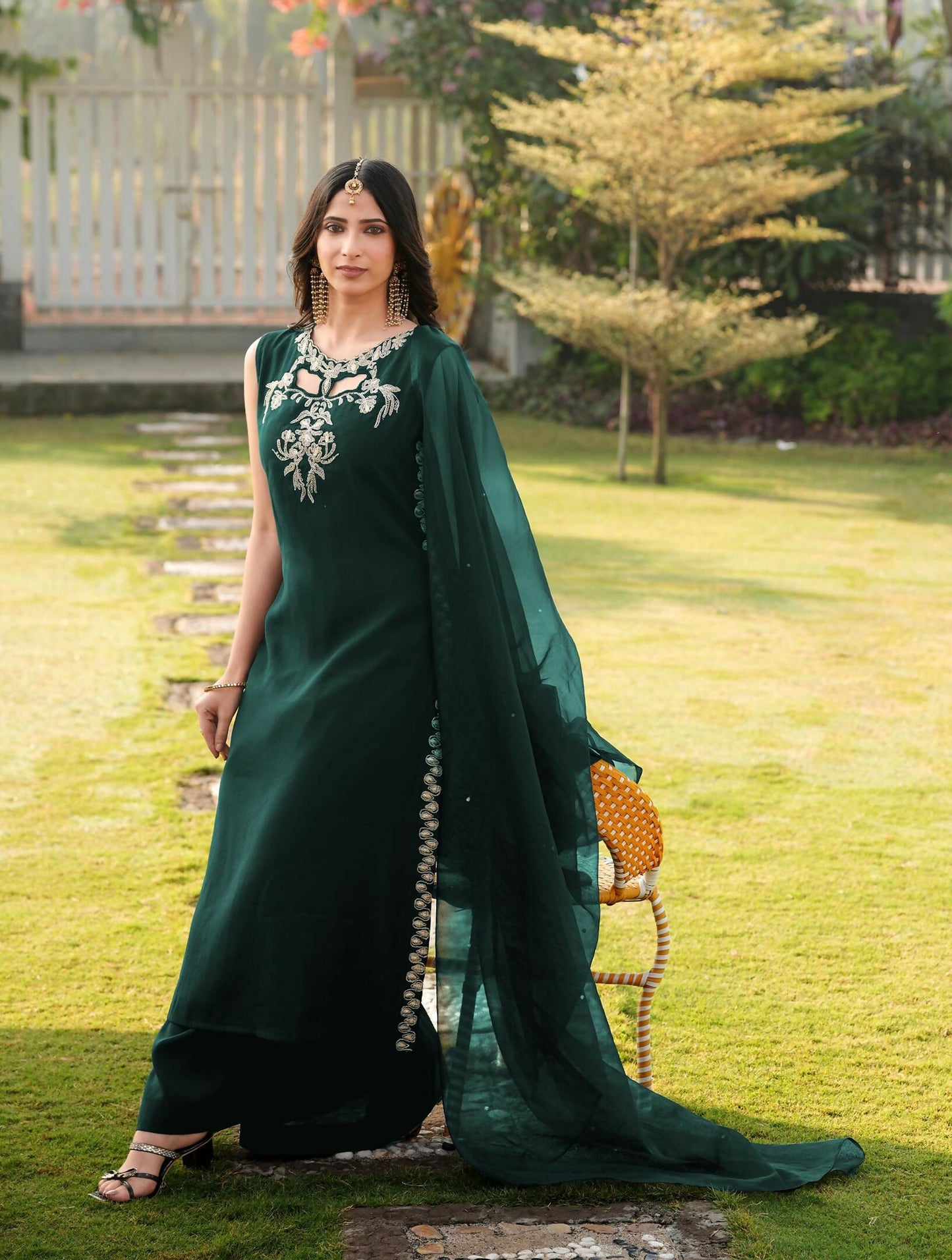 Nikhaar Dark Green Embroidered Art Silk Stitched A Line Kurta Palazzo Dupatta Readymade Suit