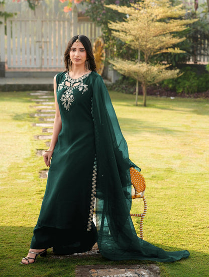 Nikhaar Dark Green Embroidered Art Silk Stitched A Line Kurta Palazzo Dupatta Readymade Suit