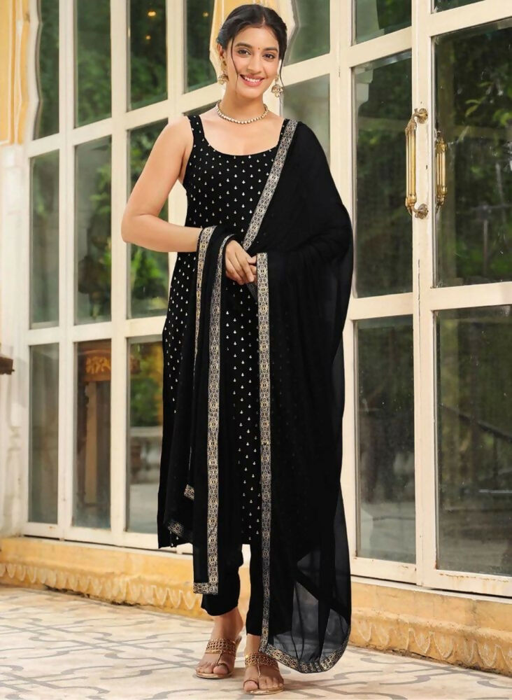 Teeya Creation Womens New Elegant Black Embroidered Kurti with Matching Bottom Set