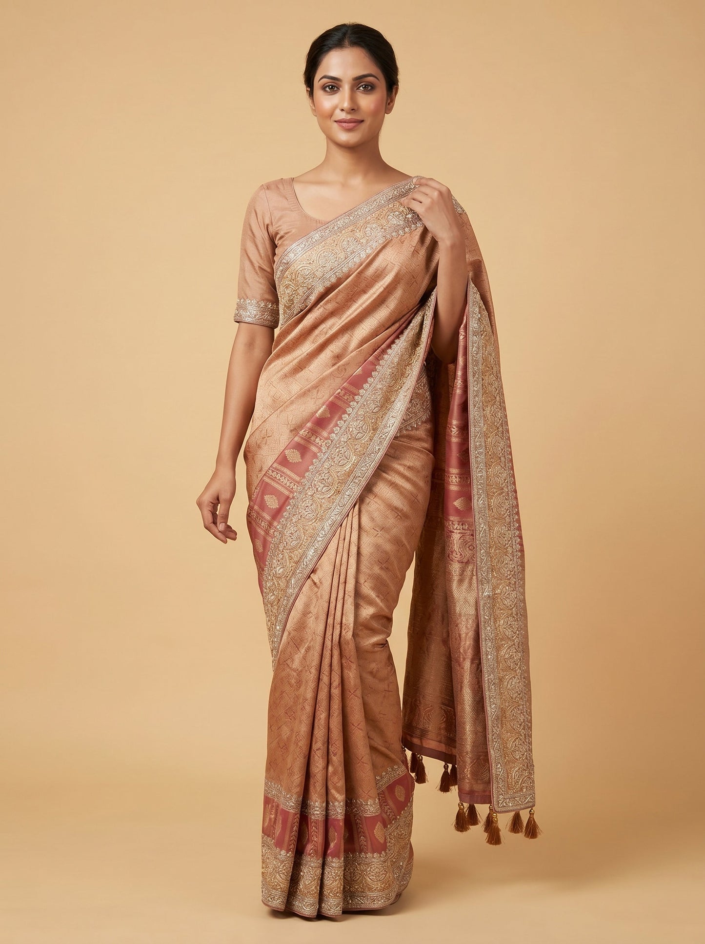 Peach Apricot Sheen Embroidered Saree