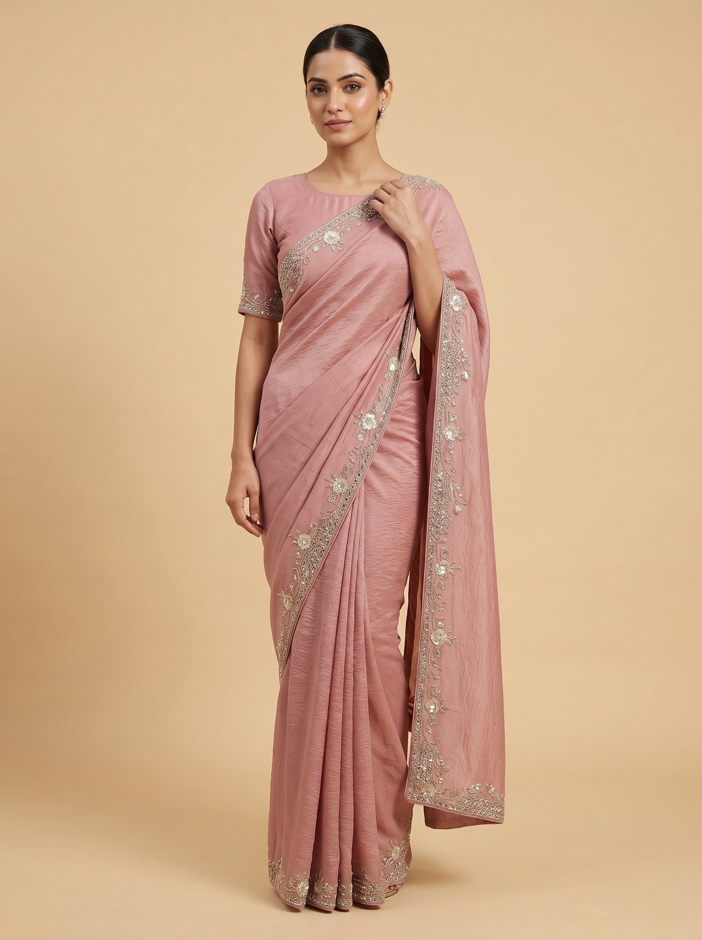 Peach Apricot Shine Embroidered Saree