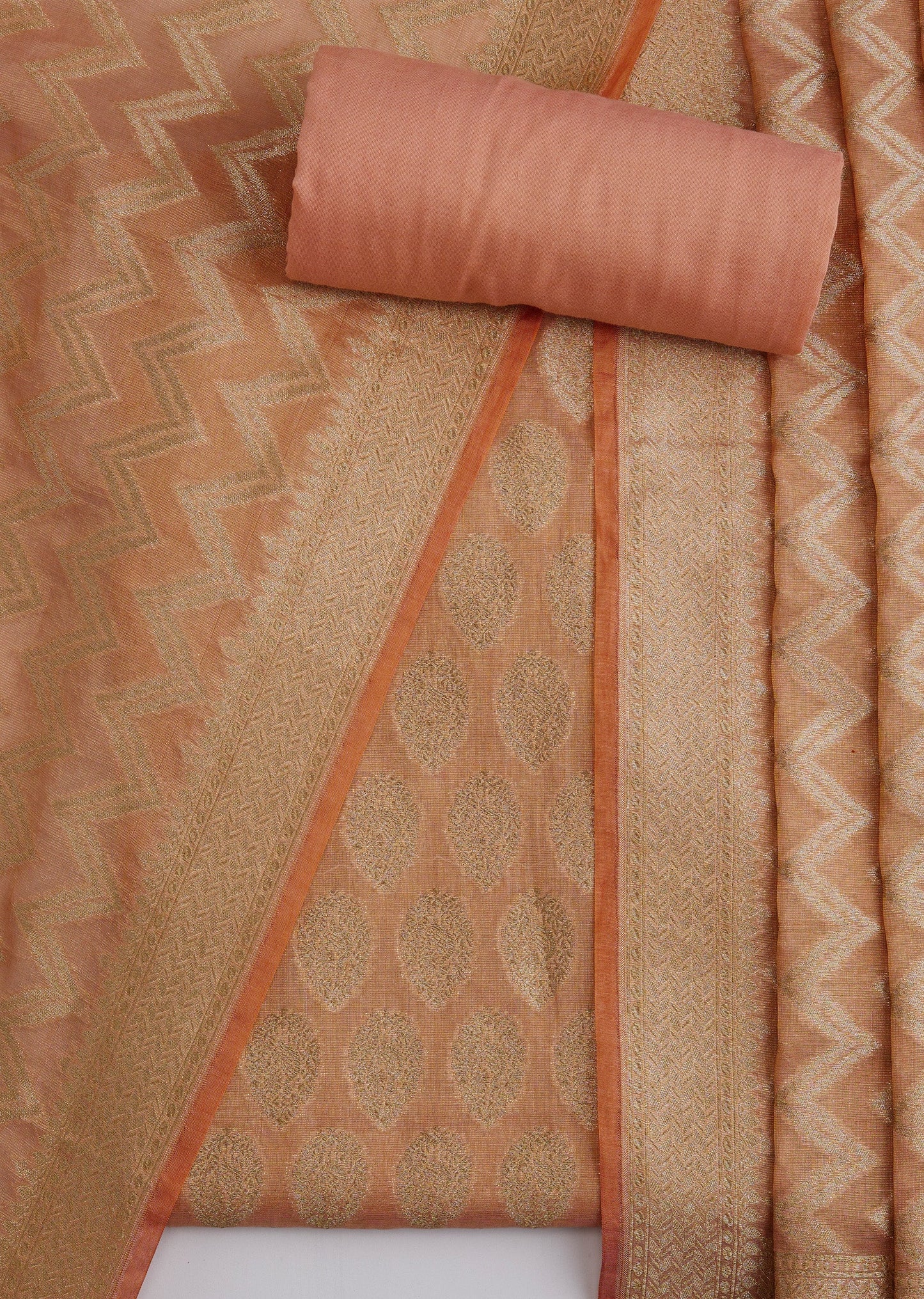 Peach Banarasi Brocade Silk Unstitched Suit Set With Dupatta