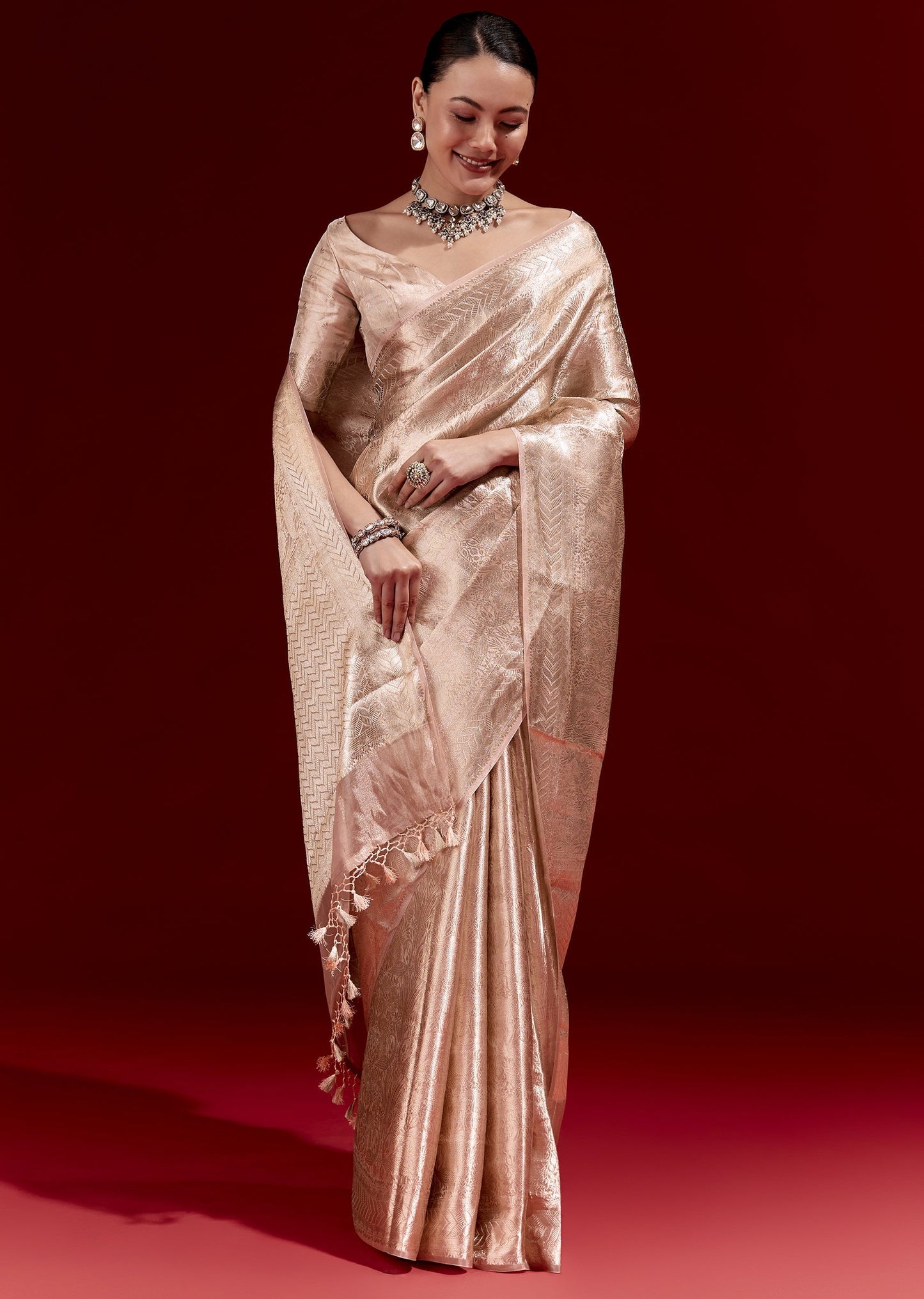 Peach Banarasi Tissue Saree With All Over Floral Zari Weave