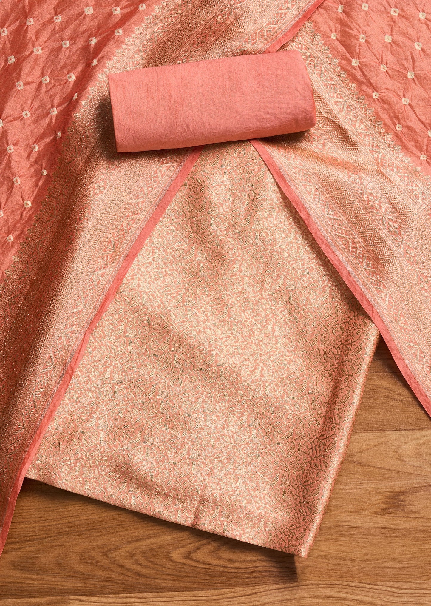 Peach Brocade Banarasi Unstitched Suit With Dupatta