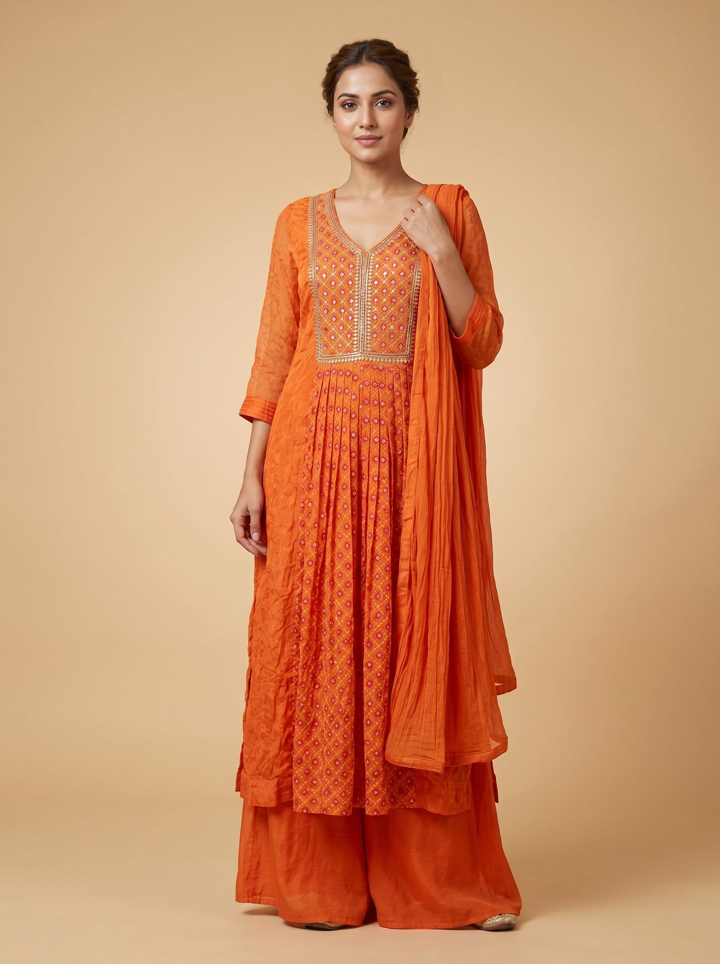 Peach Chanderi Schiffli Anarkali Suit