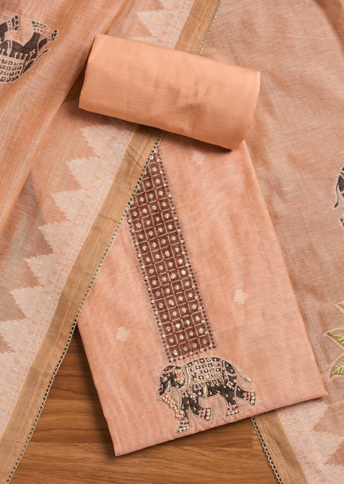 Peach Chanderi Unstitched Suit Set with Dupatta