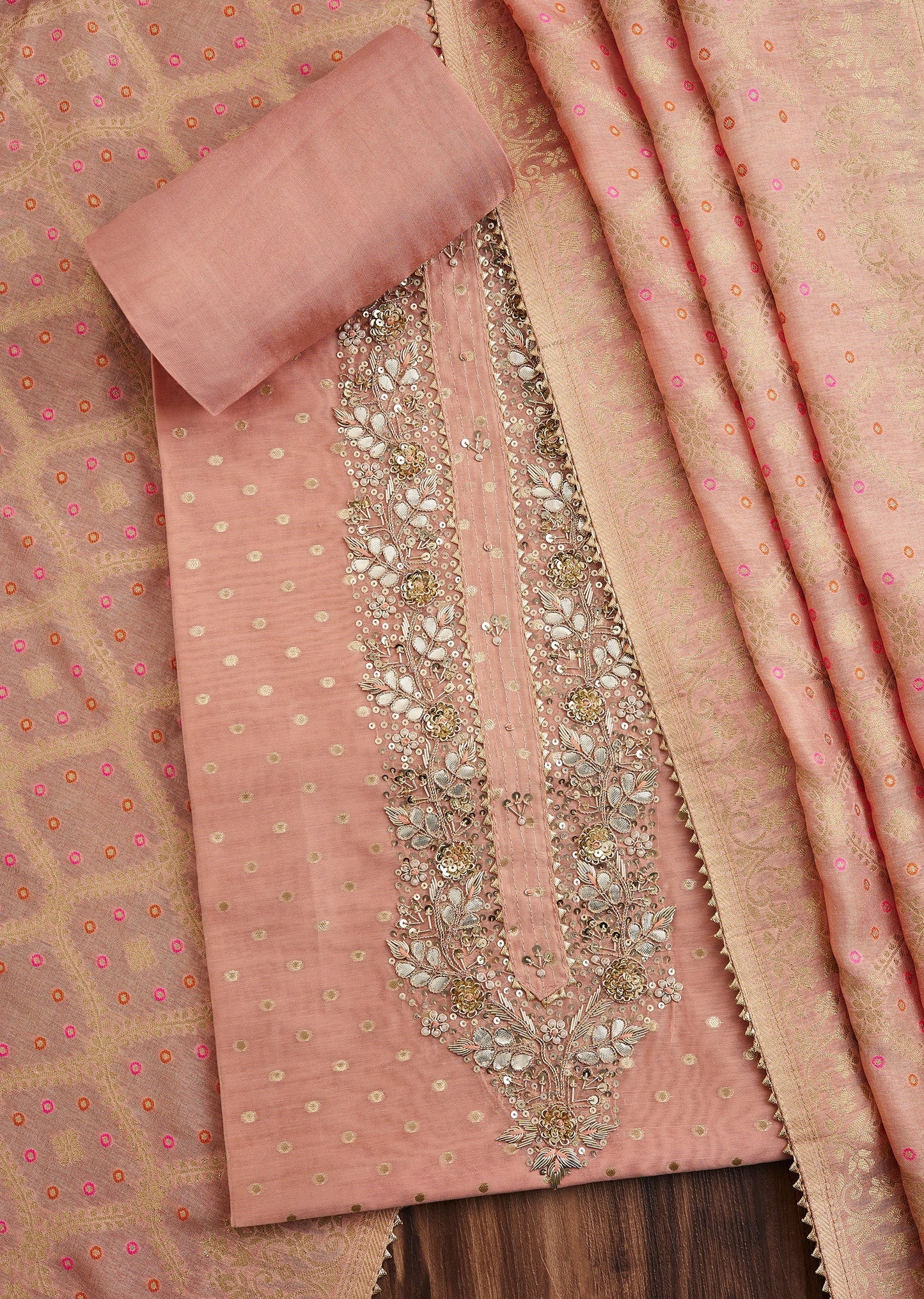 Peach Chanderi Unstitched Suit